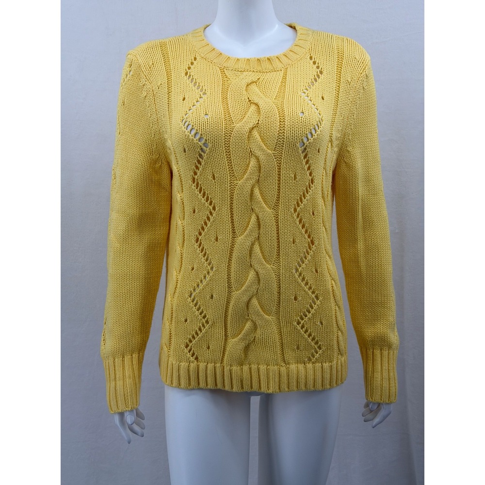 Talbots Sweater Womens Medium Petite Yellow Cable Knit Pullover Fisherman Fall